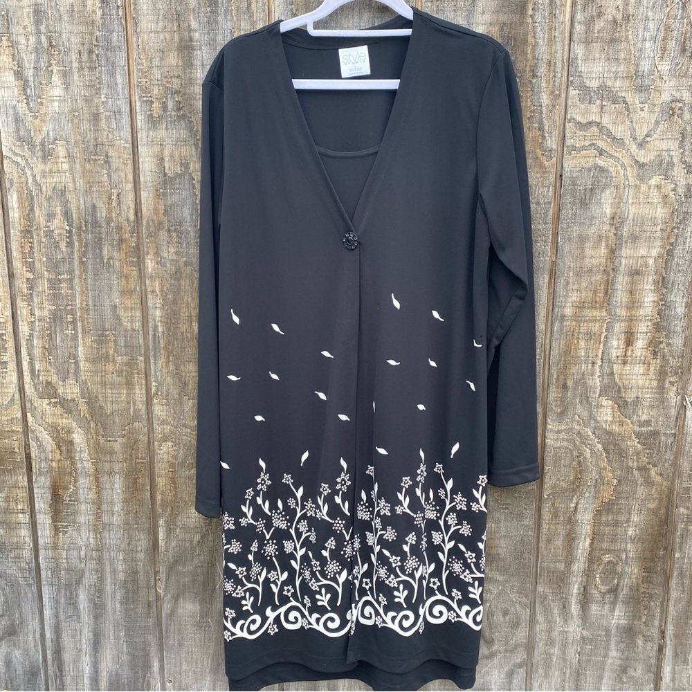 Style Studio Black Floral Faux Jacket Midi Dress Size L